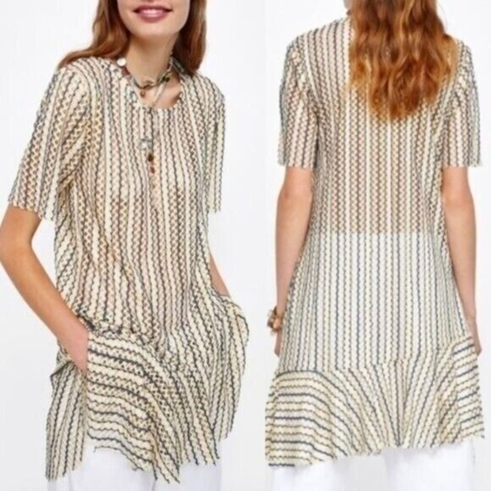 NEW Zara W/B Collection Blue Yellow Crochet Sheer Tunic/ Dress Cottagecore L